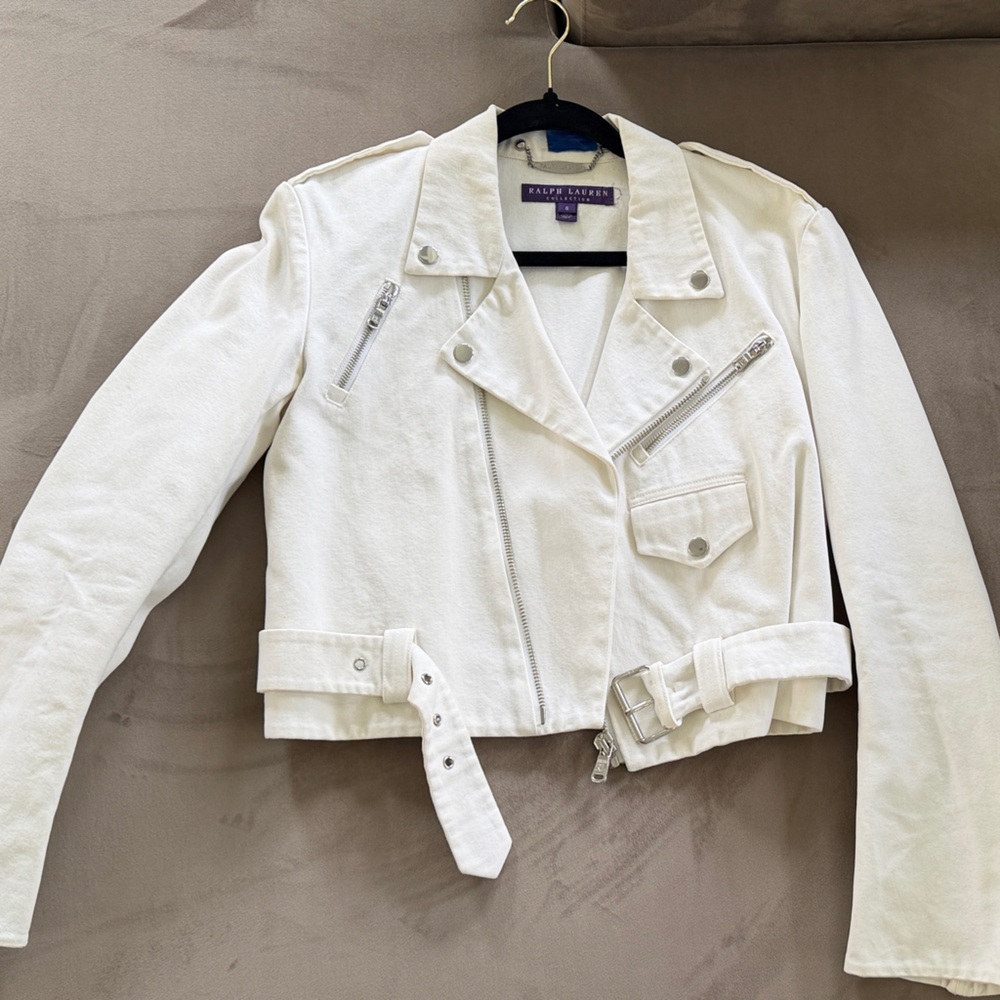 Ralph Lauren Purple Label White Cropped Moto Jean Jacket